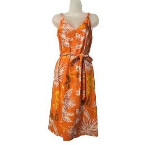 Gap Linen Knee Length Dress Orange Botanical Women’s Size S Petite V- Neck Sash